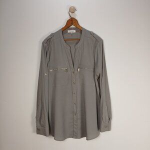 Calvin Klein Womens Grey Blouse Size Large Epaulets Military Style Business